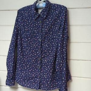 Marks  Spencer CottonNavy Floral Button-Down Shirt Size 10/12 acc to measurement